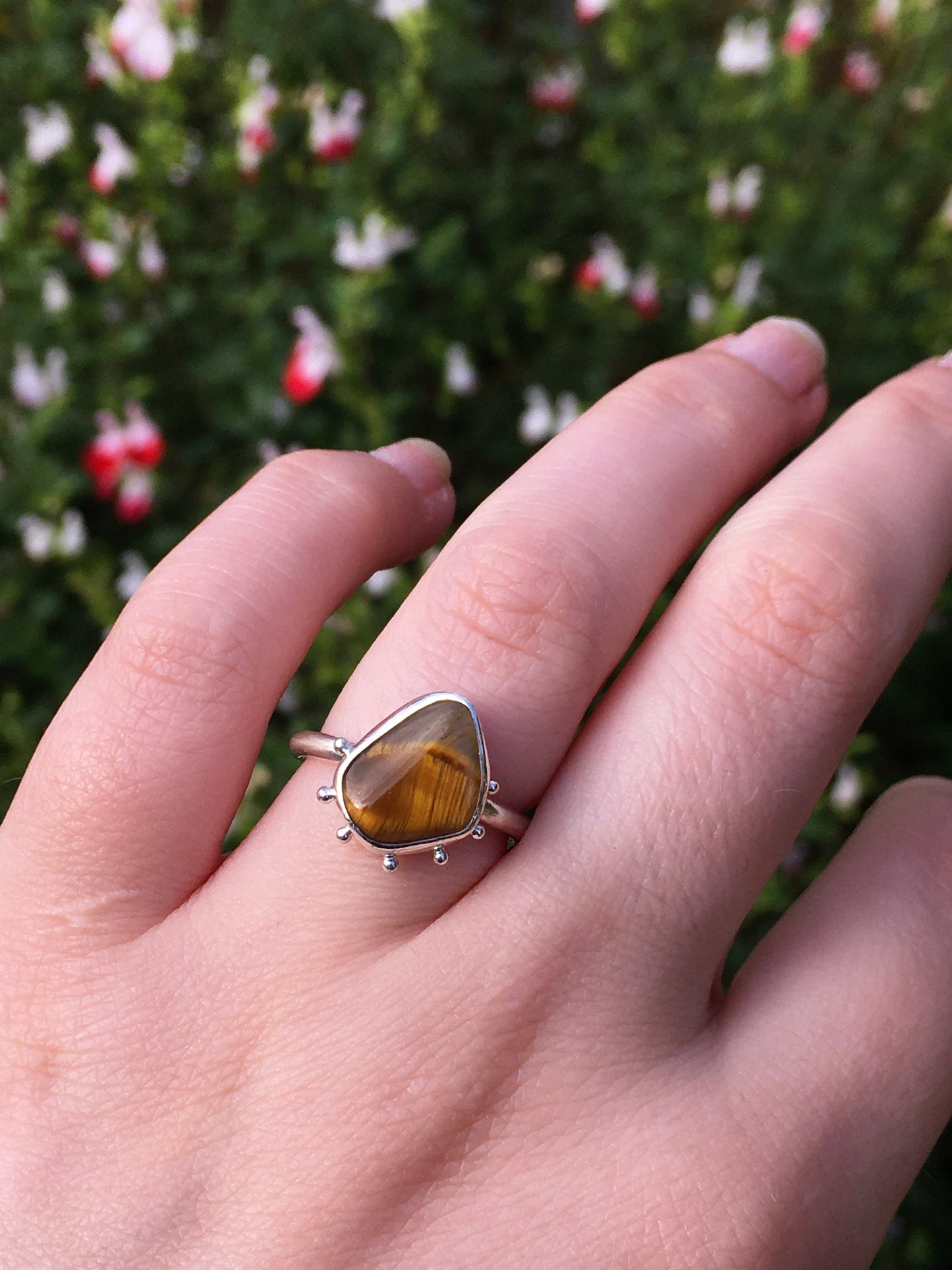 Leche De Tigre Ring - Tiger's Eye and Sterling Silver Statement Stacking Ring with Granulation Details