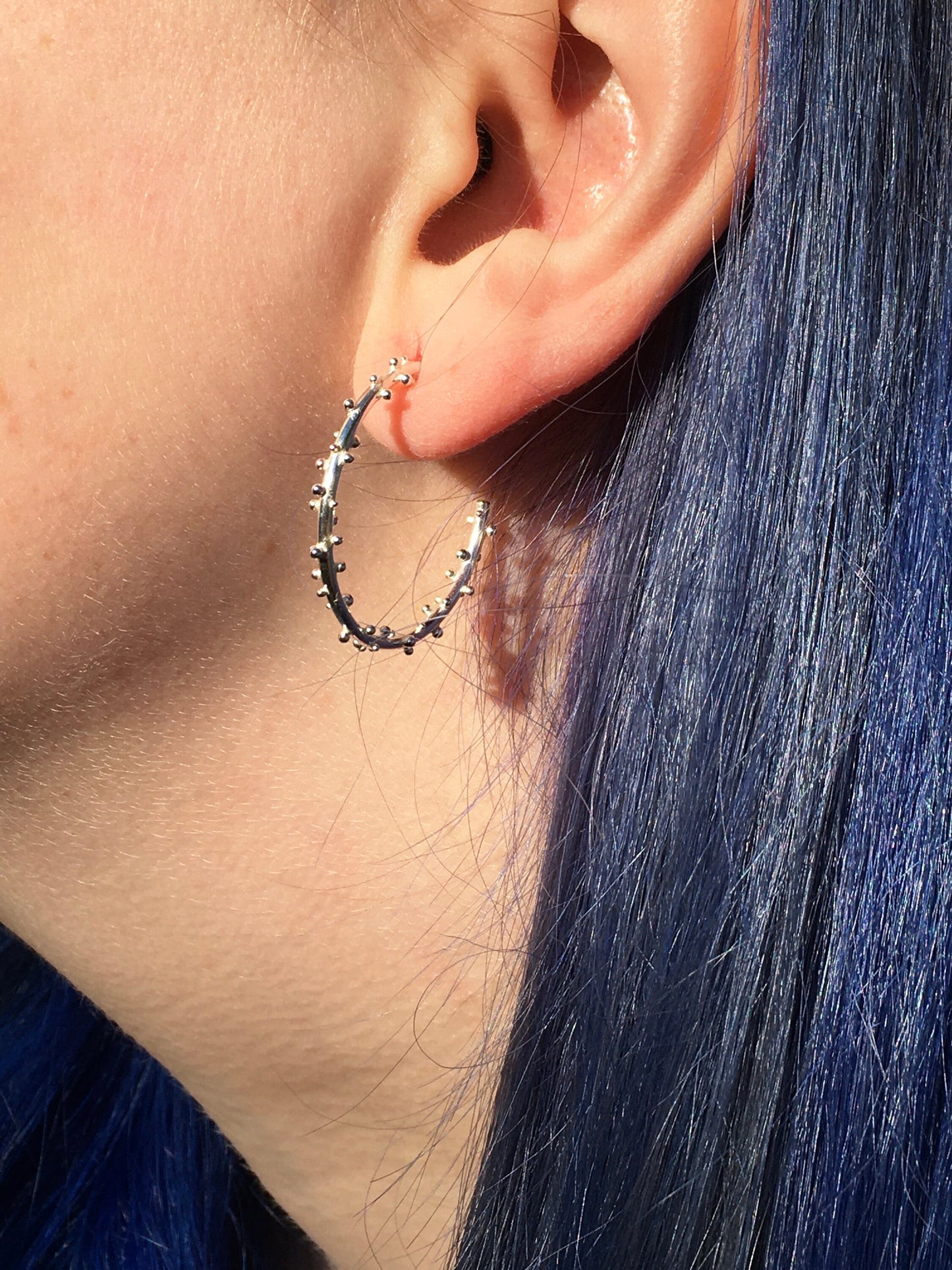 Big Sterling Silver Hoops with Granulation and Stud Closure