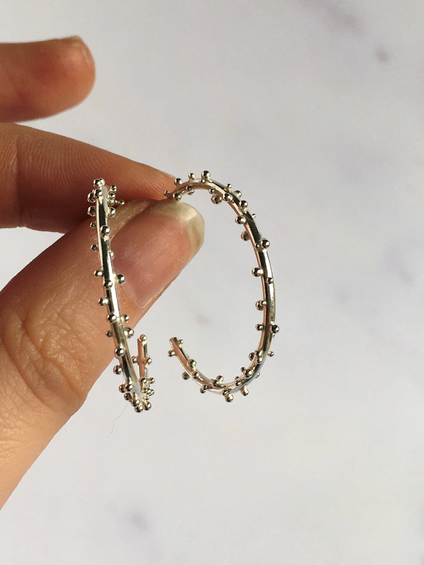 Big Sterling Silver Hoops with Granulation and Stud Closure