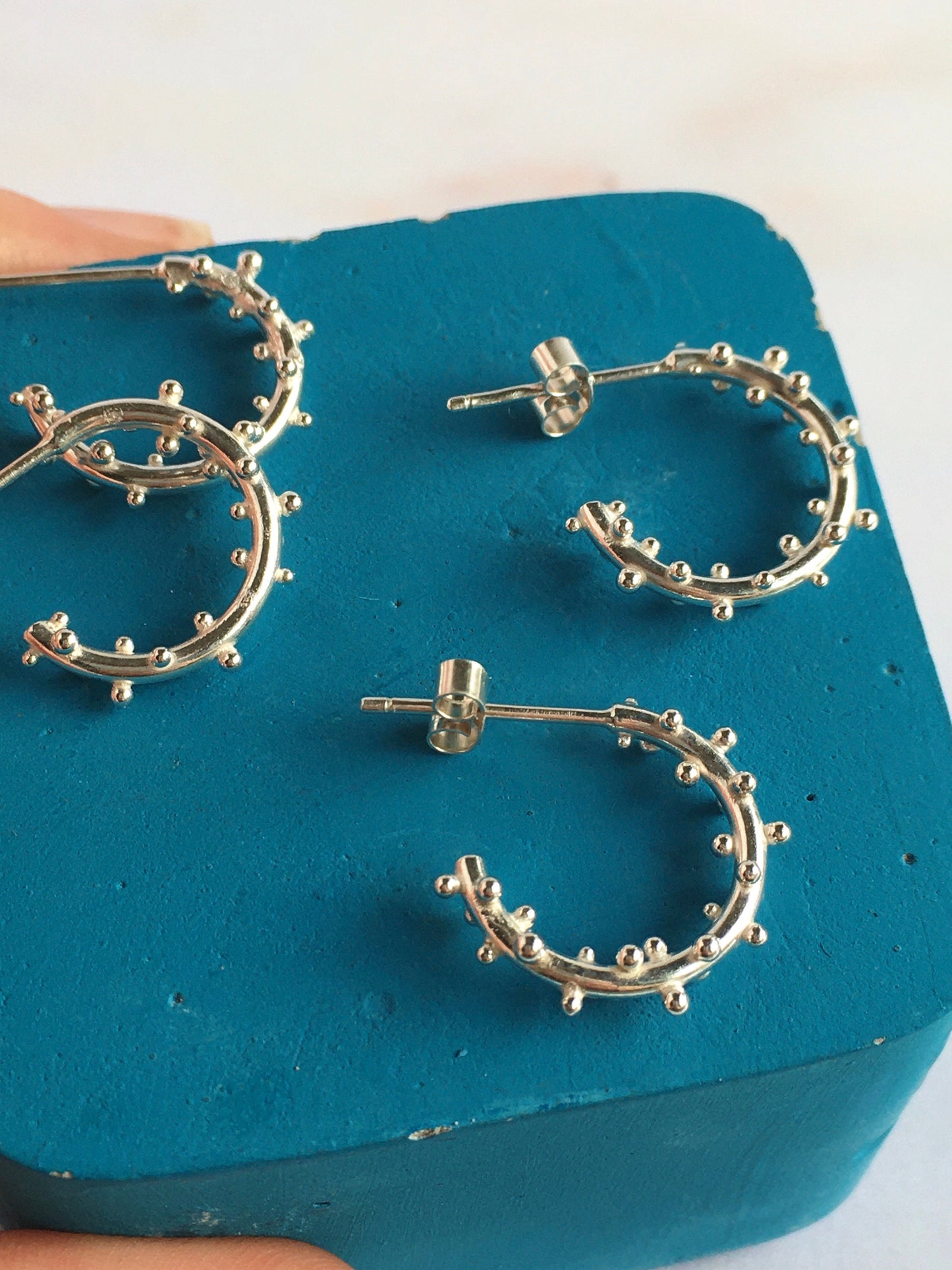 Small Sterling Silver Hoops with Granulation and Stud Closure