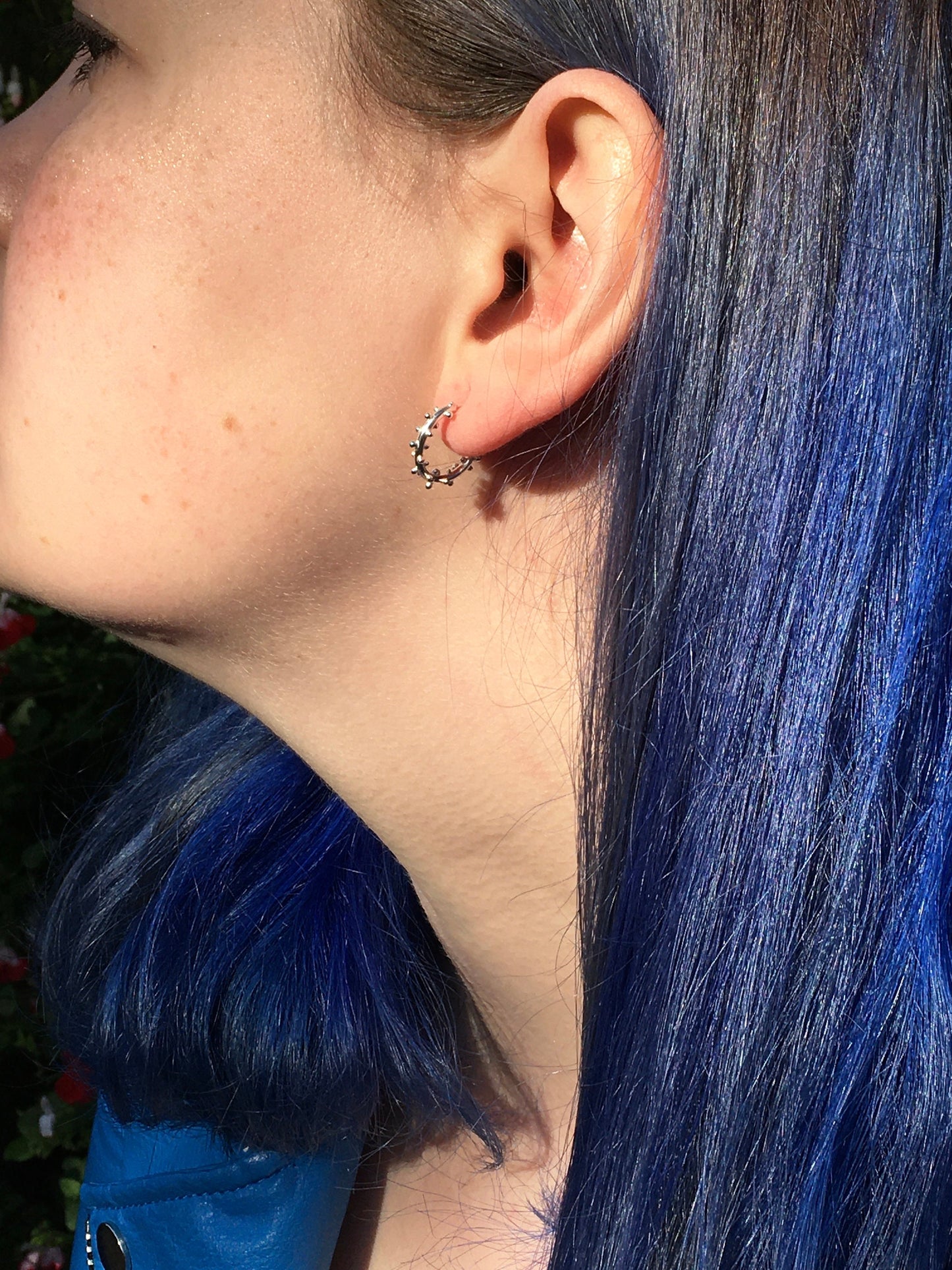 Small Sterling Silver Hoops with Granulation and Stud Closure