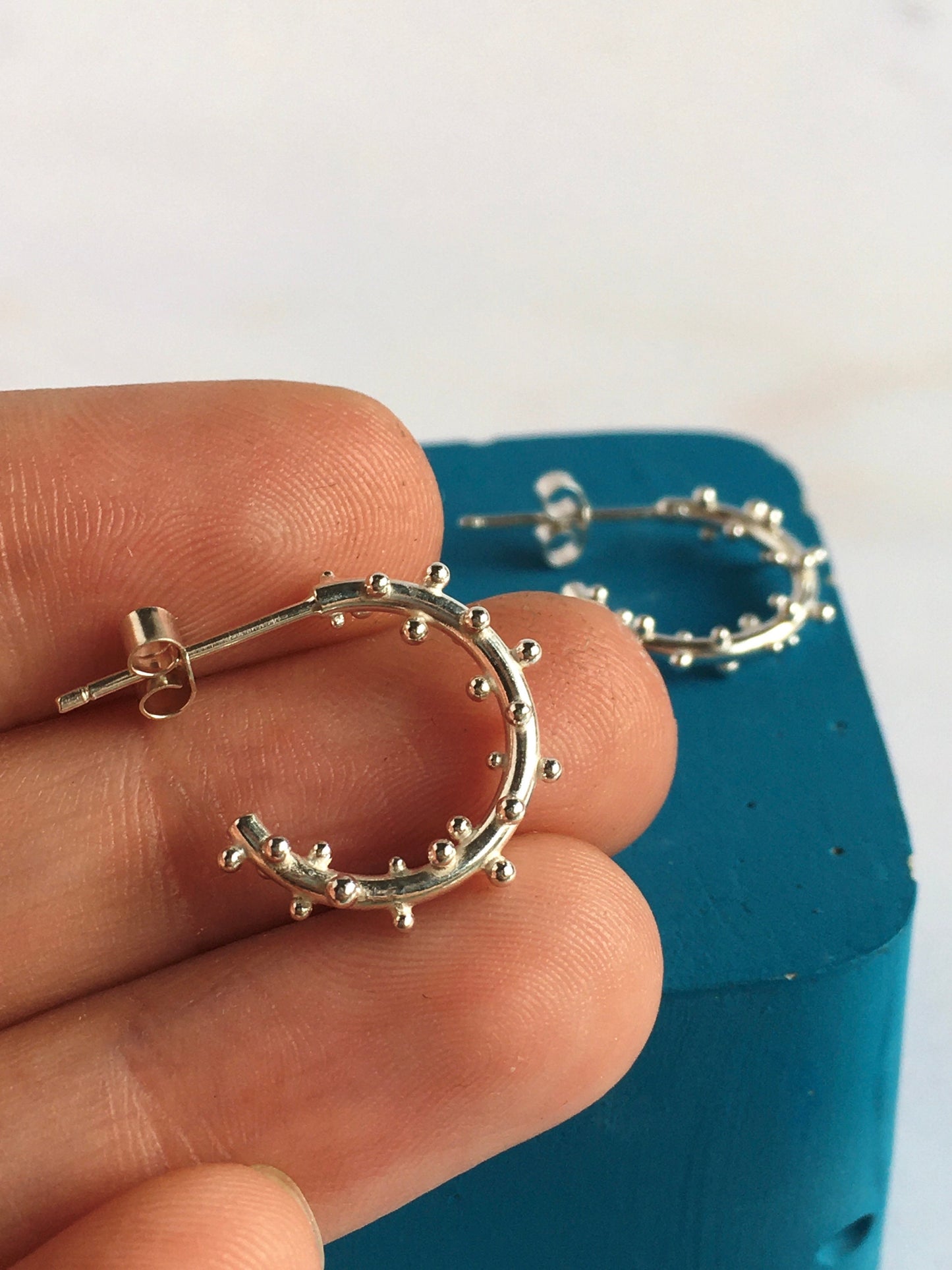 Small Sterling Silver Hoops with Granulation and Stud Closure