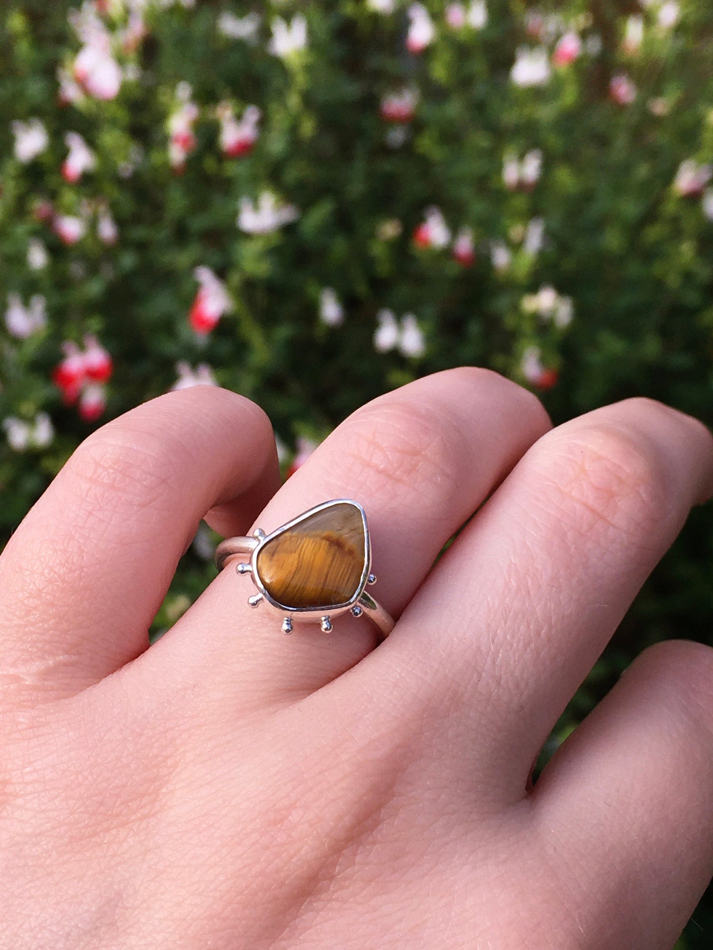 Leche De Tigre Ring - Tiger's Eye and Sterling Silver Statement Stacking Ring with Granulation Details