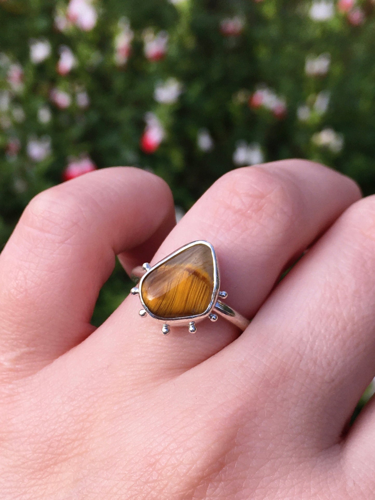 Leche De Tigre Ring - Tiger's Eye and Sterling Silver Statement Stacking Ring with Granulation Details