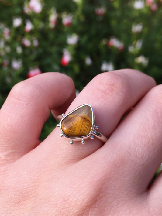 Leche De Tigre Ring - Tiger's Eye and Sterling Silver Statement Stacking Ring with Granulation Details