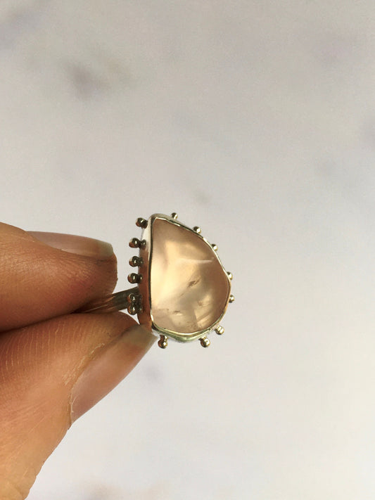 Rose Quartz and Sterling Silver Statement Stacking Ring with Granulation Details and Split Band