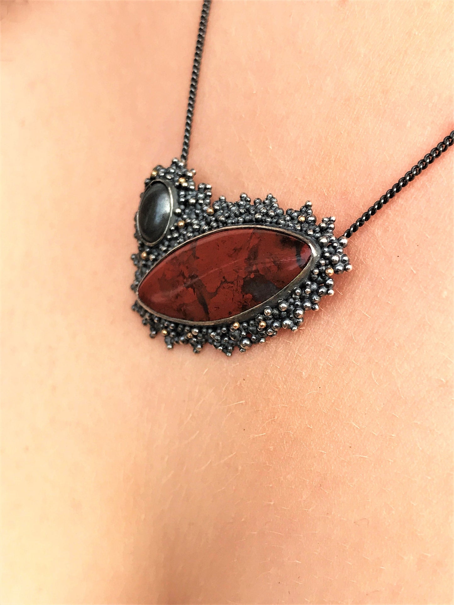 Sekhmet Necklace - Brecciated Jasper and Hematite Sterling Silver Granulation Necklace with 9ct Gold Details