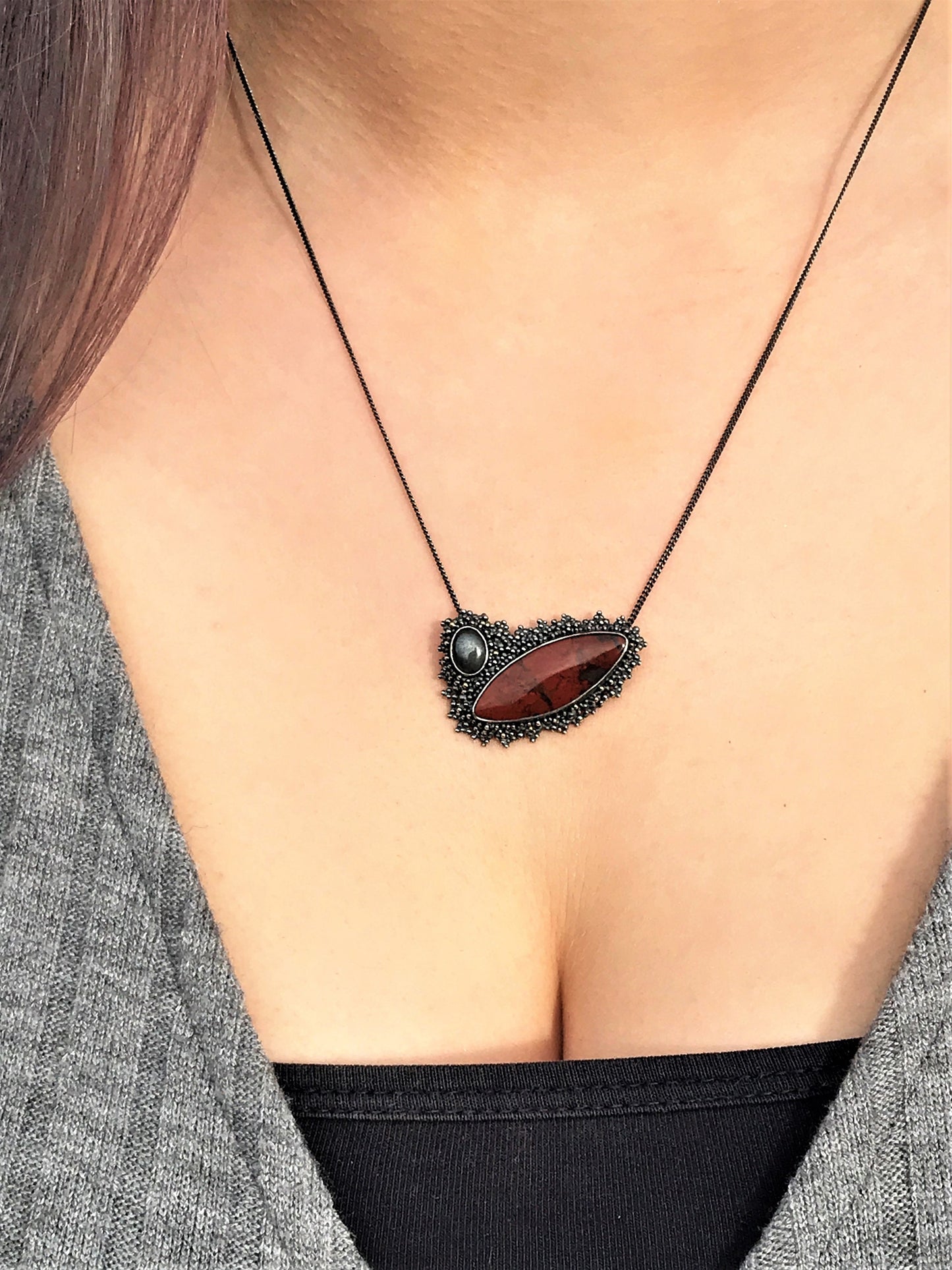 Sekhmet Necklace - Brecciated Jasper and Hematite Sterling Silver Granulation Necklace with 9ct Gold Details