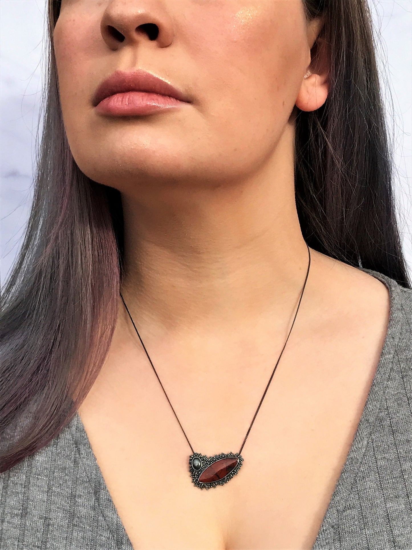 Sekhmet Necklace - Brecciated Jasper and Hematite Sterling Silver Granulation Necklace with 9ct Gold Details