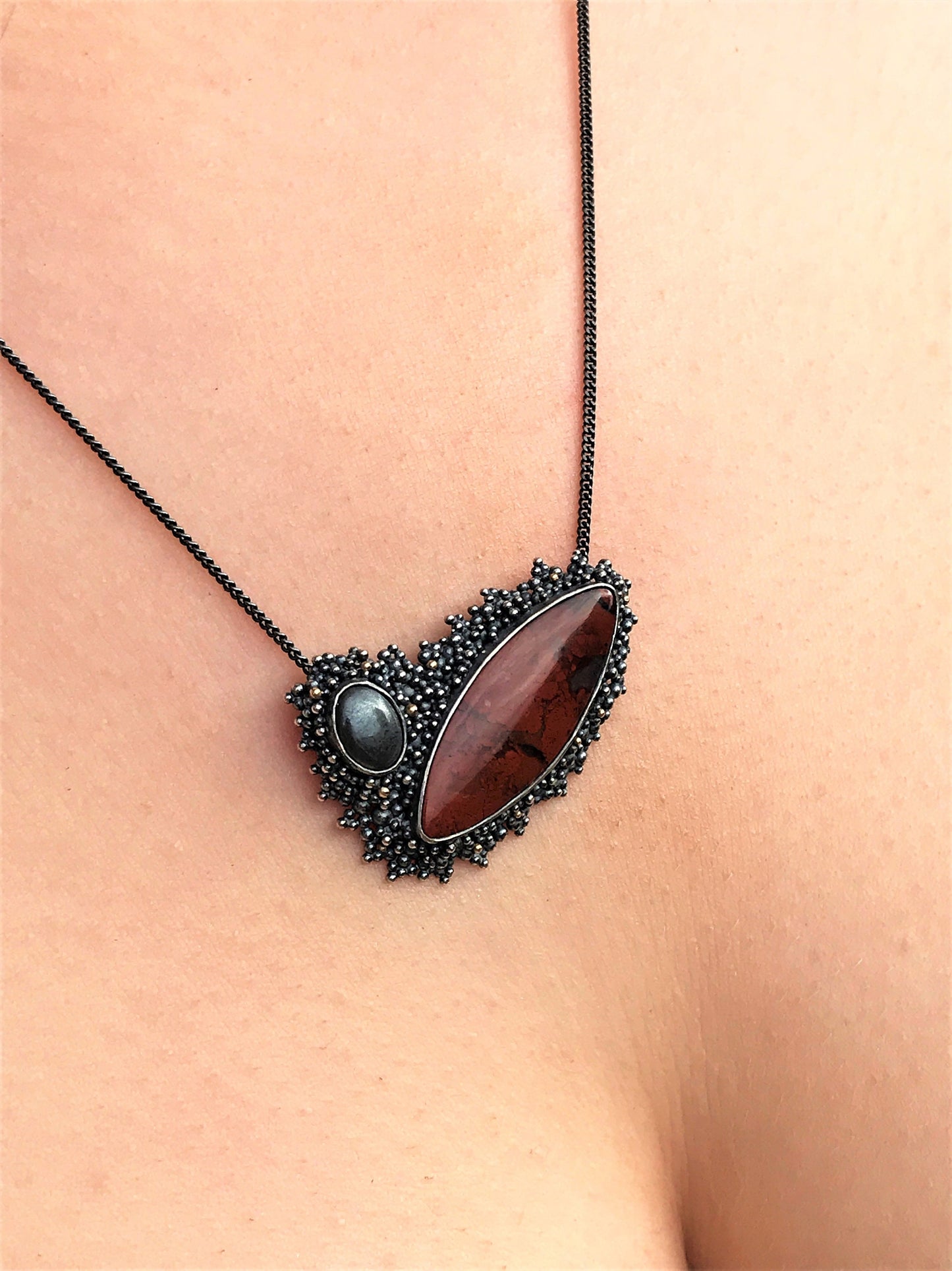 Sekhmet Necklace - Brecciated Jasper and Hematite Sterling Silver Granulation Necklace with 9ct Gold Details