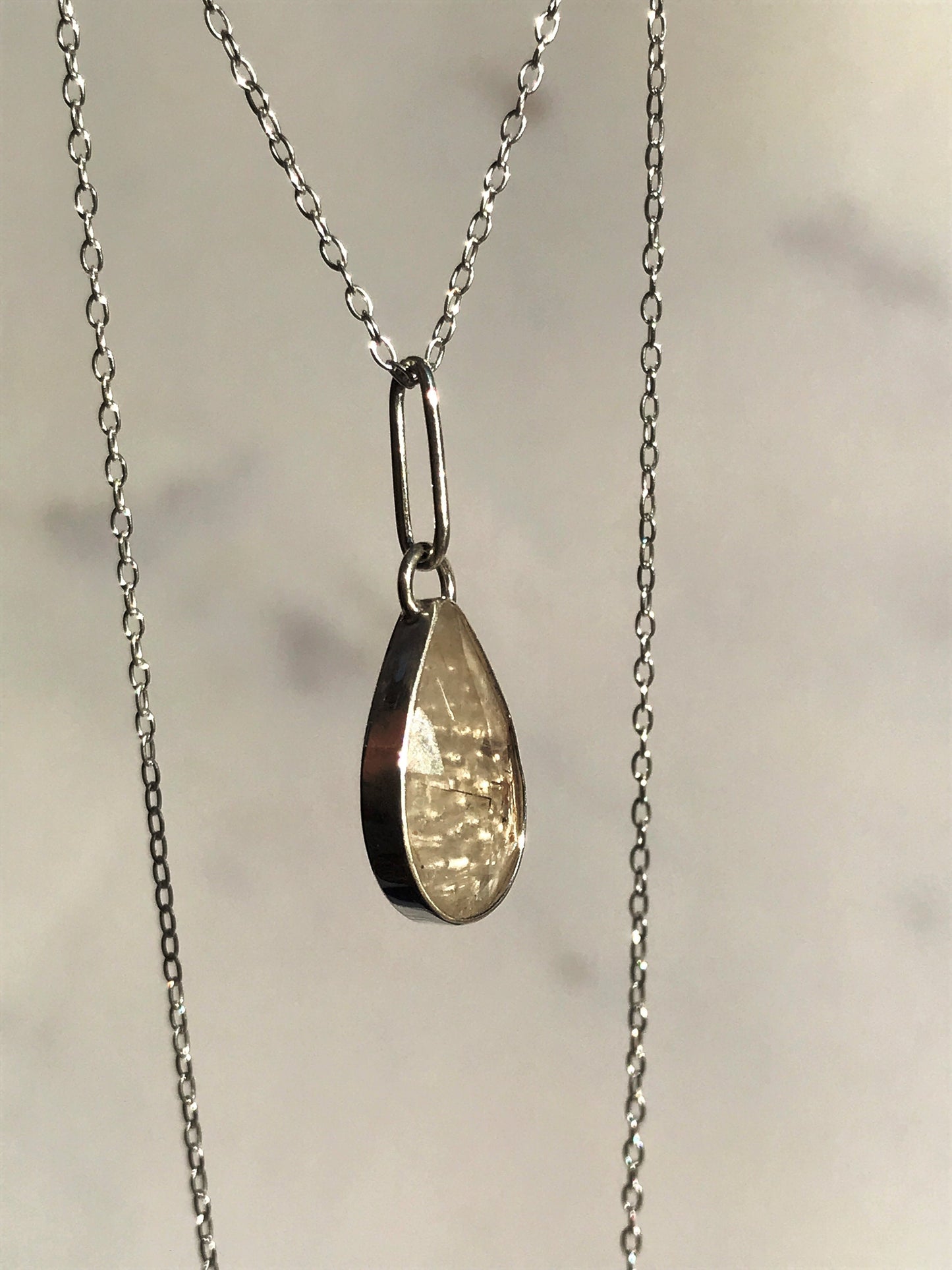 Rutilated Quartz and Sterling Silver Granulation Backed Teardrop Pendant Necklace