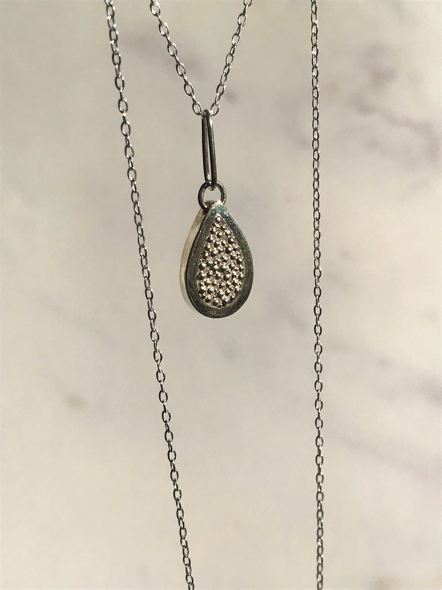 Rutilated Quartz and Sterling Silver Granulation Backed Teardrop Pendant Necklace