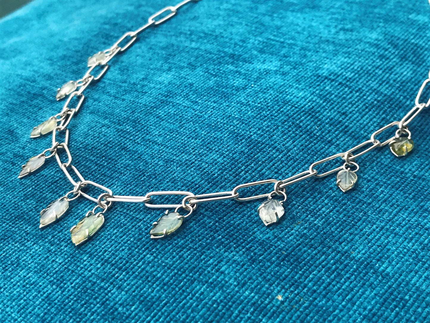 Carved Tourmaline Leaves and Recycled Sterling Silver Handmade Choker Chain Necklace