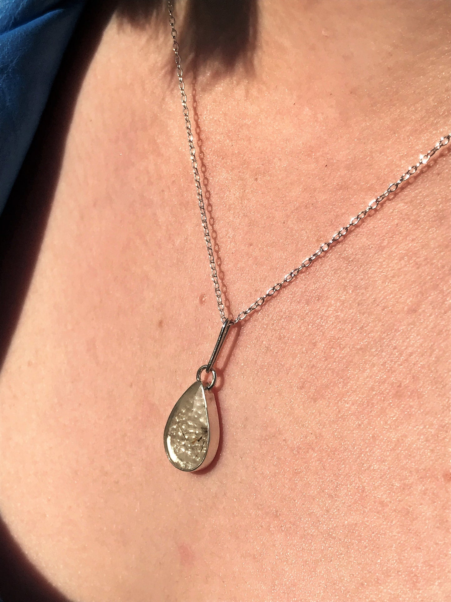 Rutilated Quartz and Sterling Silver Granulation Backed Teardrop Pendant Necklace