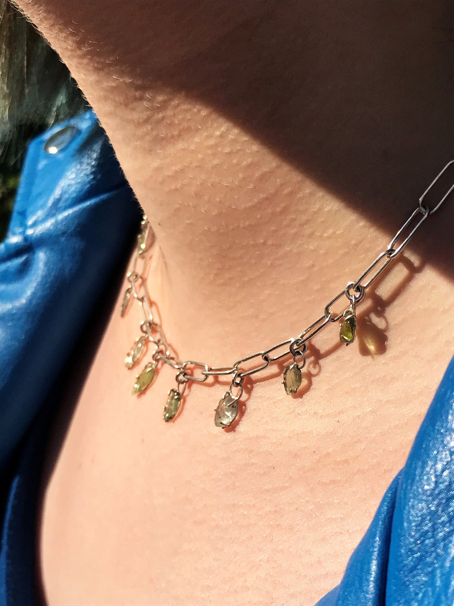 Carved Tourmaline Leaves and Recycled Sterling Silver Handmade Choker Chain Necklace