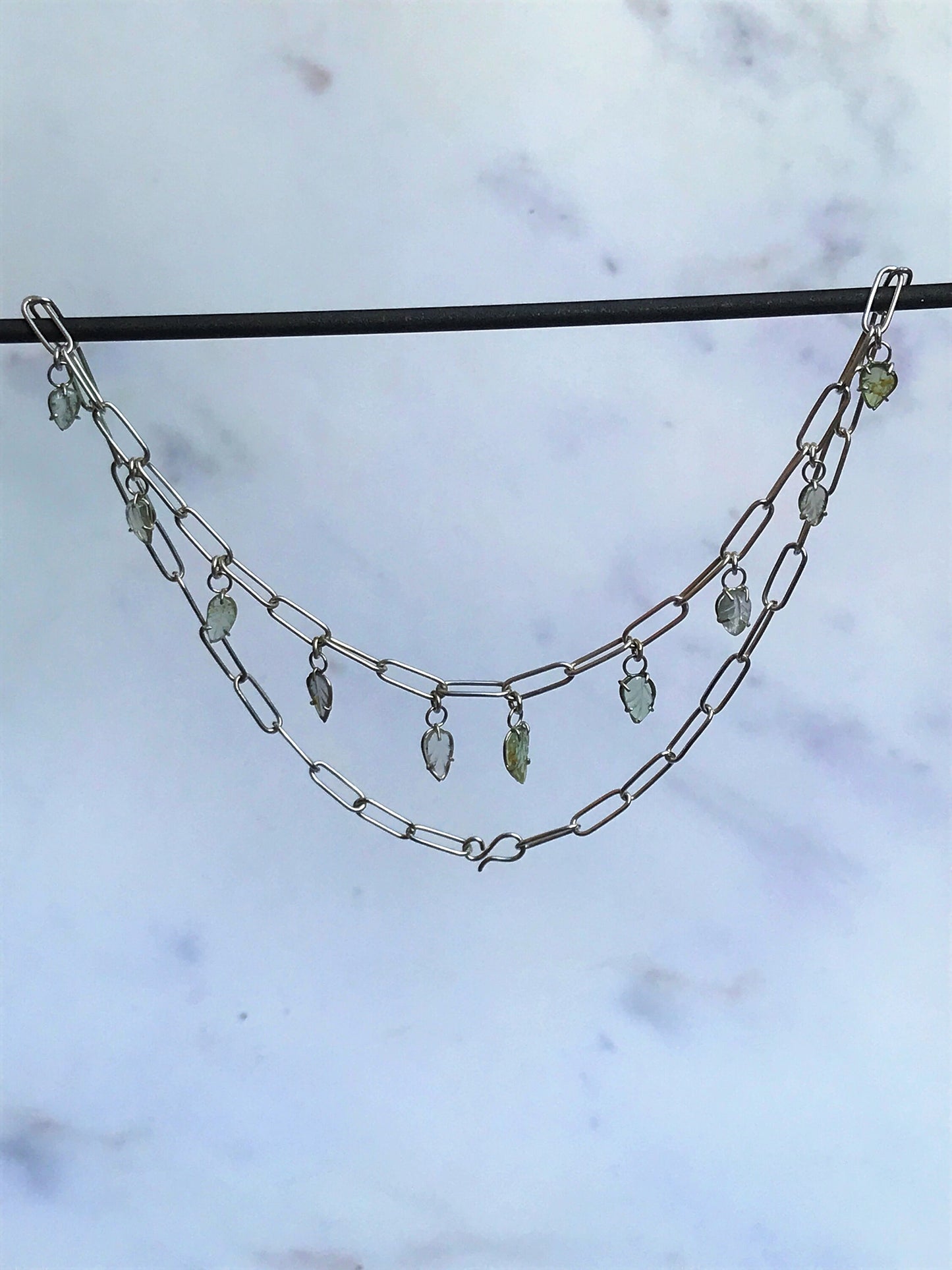 Carved Tourmaline Leaves and Recycled Sterling Silver Handmade Choker Chain Necklace