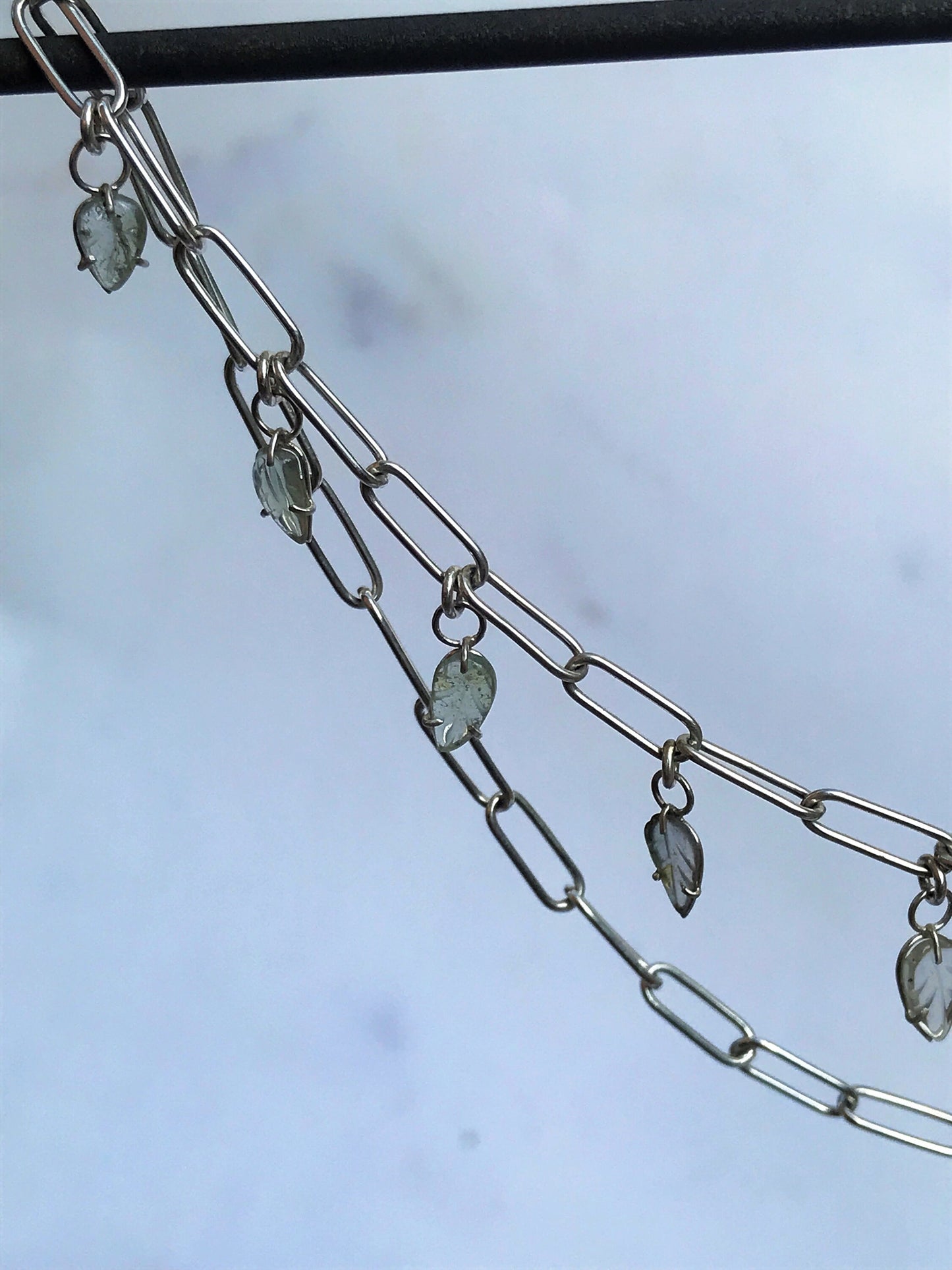 Carved Tourmaline Leaves and Recycled Sterling Silver Handmade Choker Chain Necklace