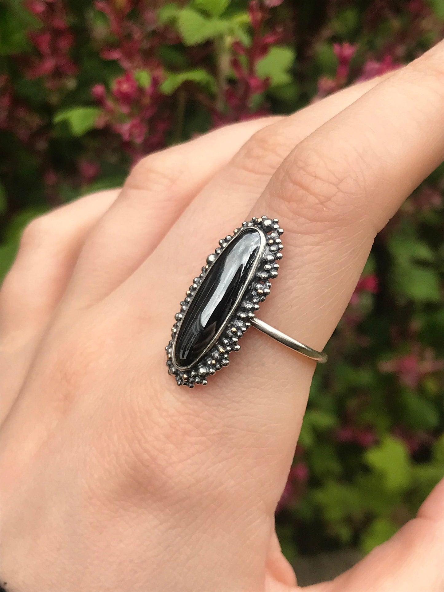 Hematite, Sterling Silver and 9ct Gold Ring with Granulation - UK Size O 1/2