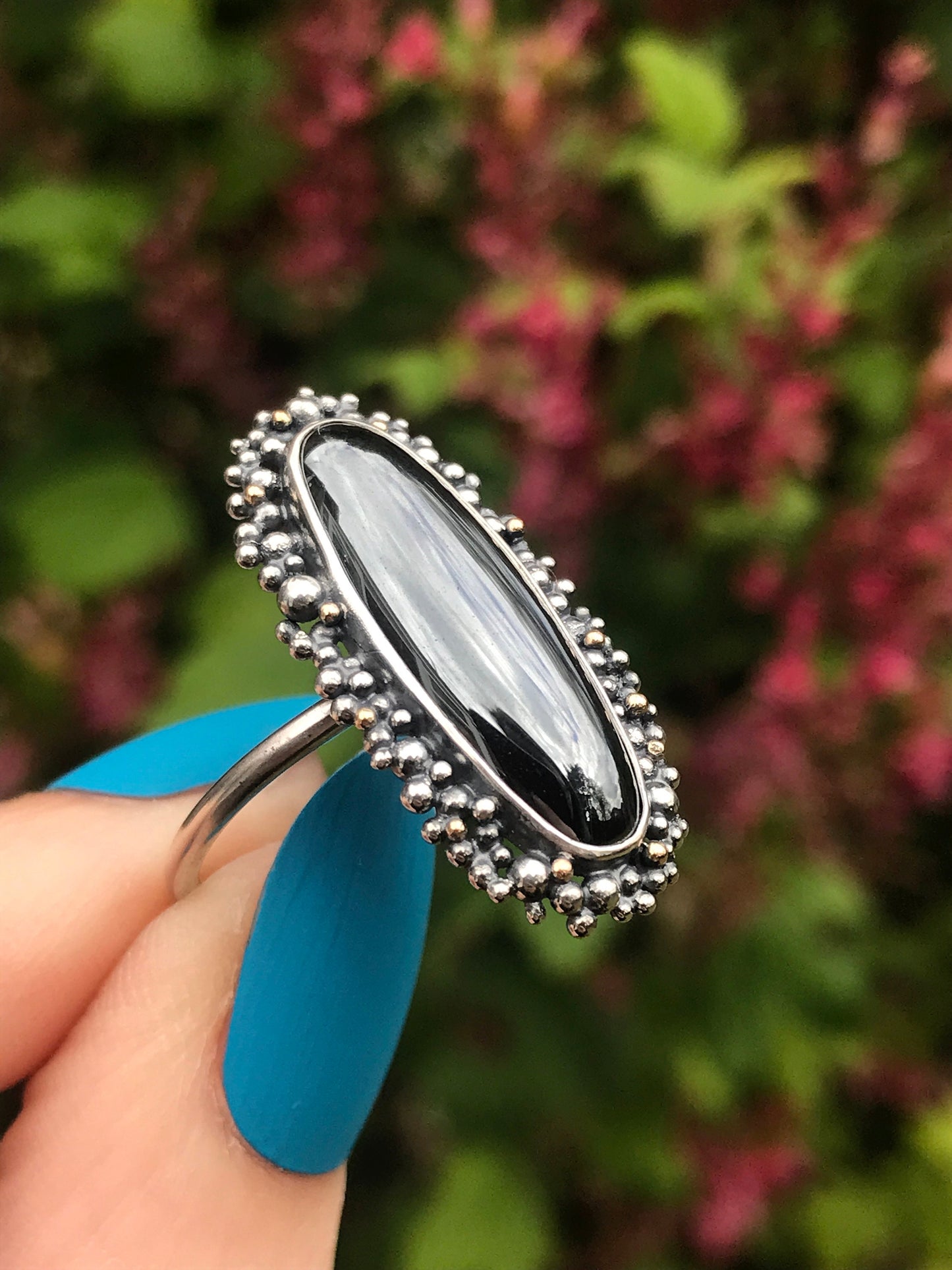 Hematite, Sterling Silver and 9ct Gold Ring with Granulation - UK Size O 1/2