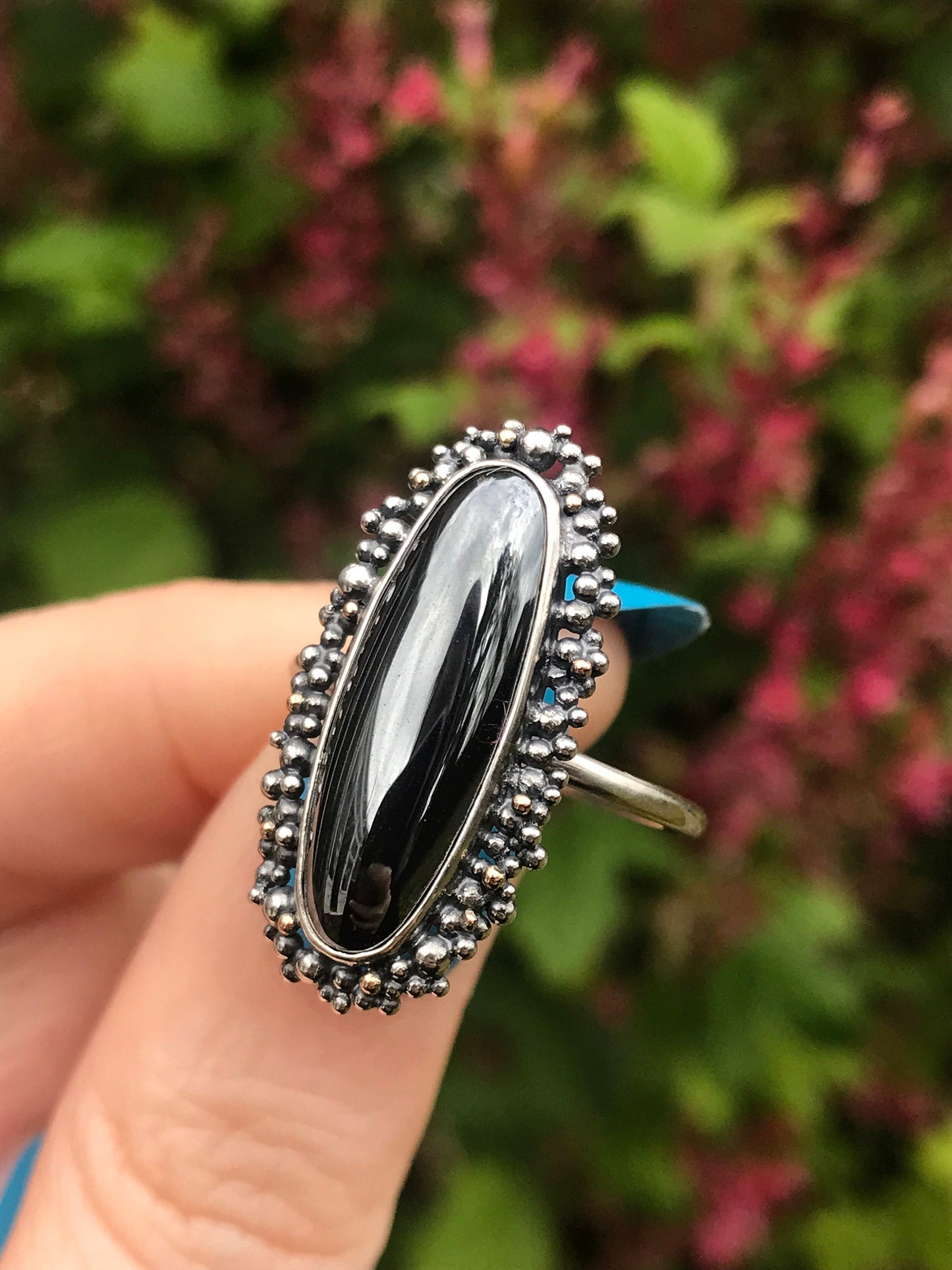 Hematite, Sterling Silver and 9ct Gold Ring with Granulation - UK Size O 1/2