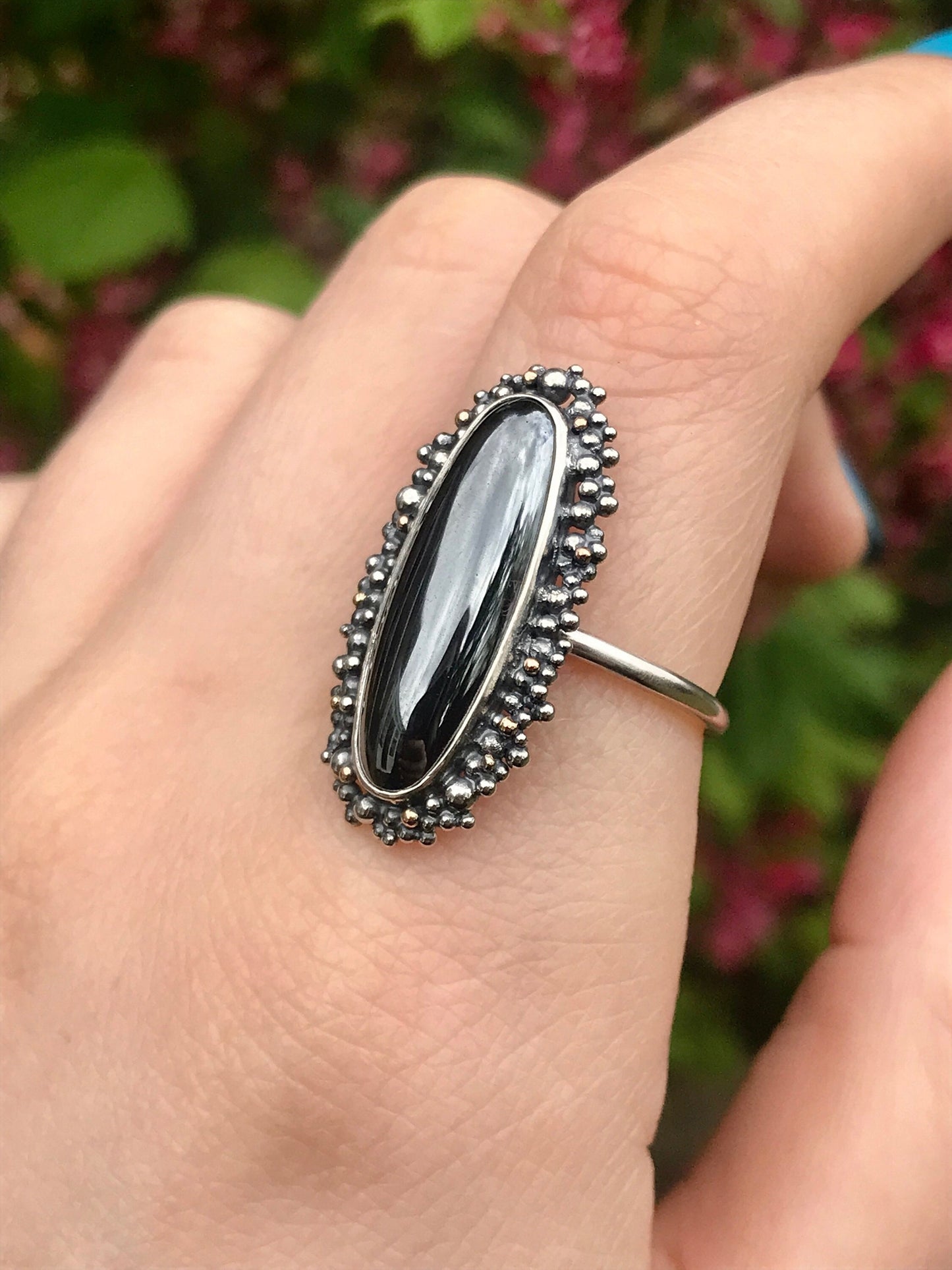 Hematite, Sterling Silver and 9ct Gold Ring with Granulation - UK Size O 1/2