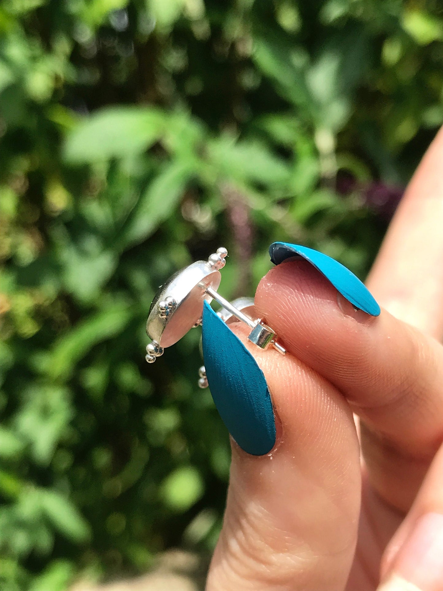 Hematite and Sterling Silver Stud Earrings with Granulation Detail