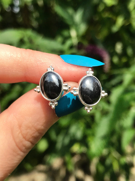 Hematite and Sterling Silver Stud Earrings with Granulation Detail