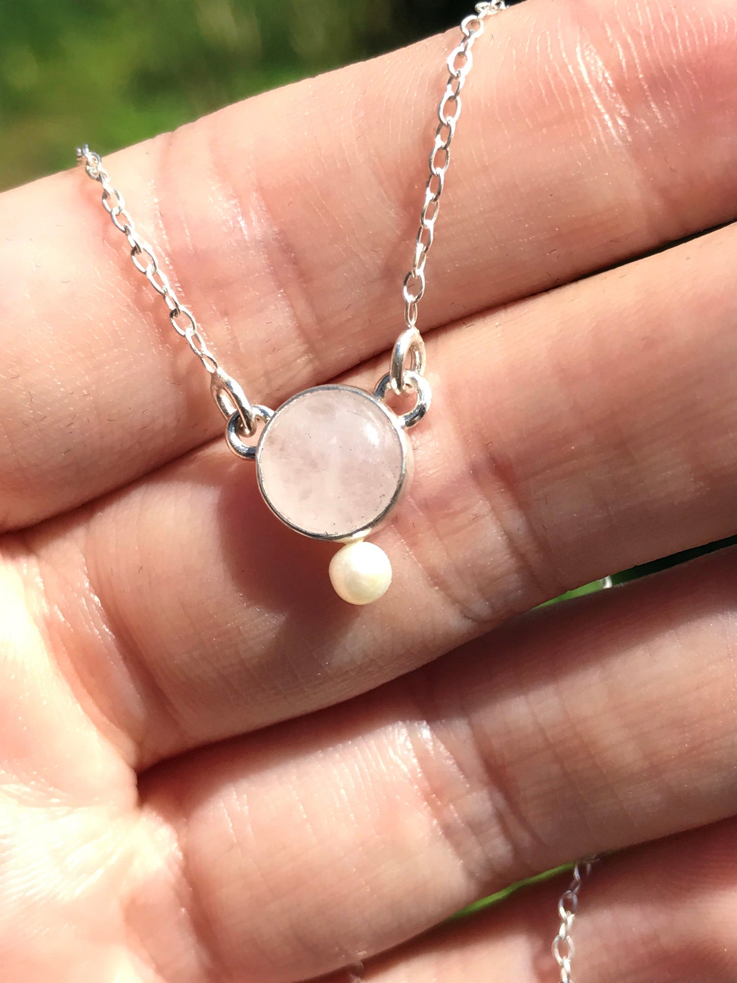 Rose Quartz, Freshwater Pearl and Sterling Silver Necklace with Sterling Silver Chain