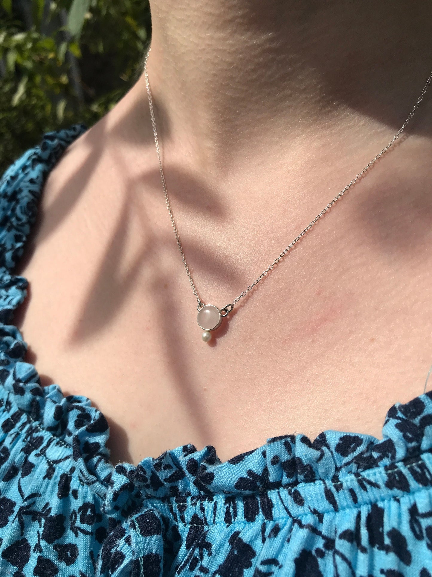 Rose Quartz, Freshwater Pearl and Sterling Silver Necklace with Sterling Silver Chain