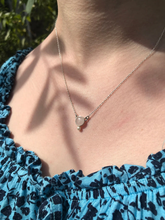 Rose Quartz, Freshwater Pearl and Sterling Silver Necklace with Sterling Silver Chain
