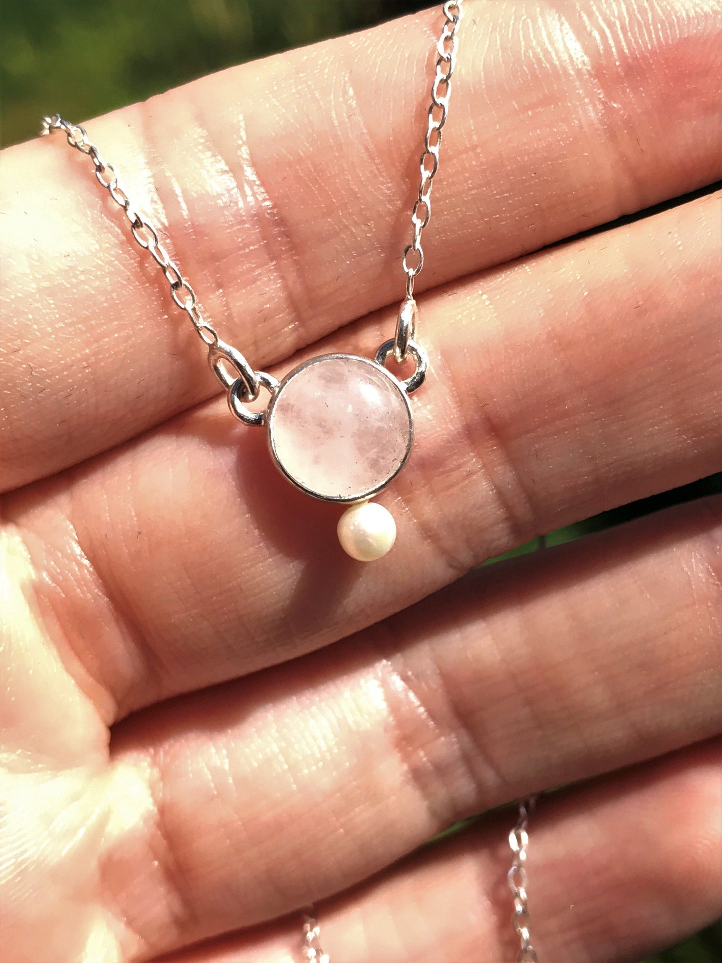 Rose Quartz, Freshwater Pearl and Sterling Silver Necklace with Sterling Silver Chain