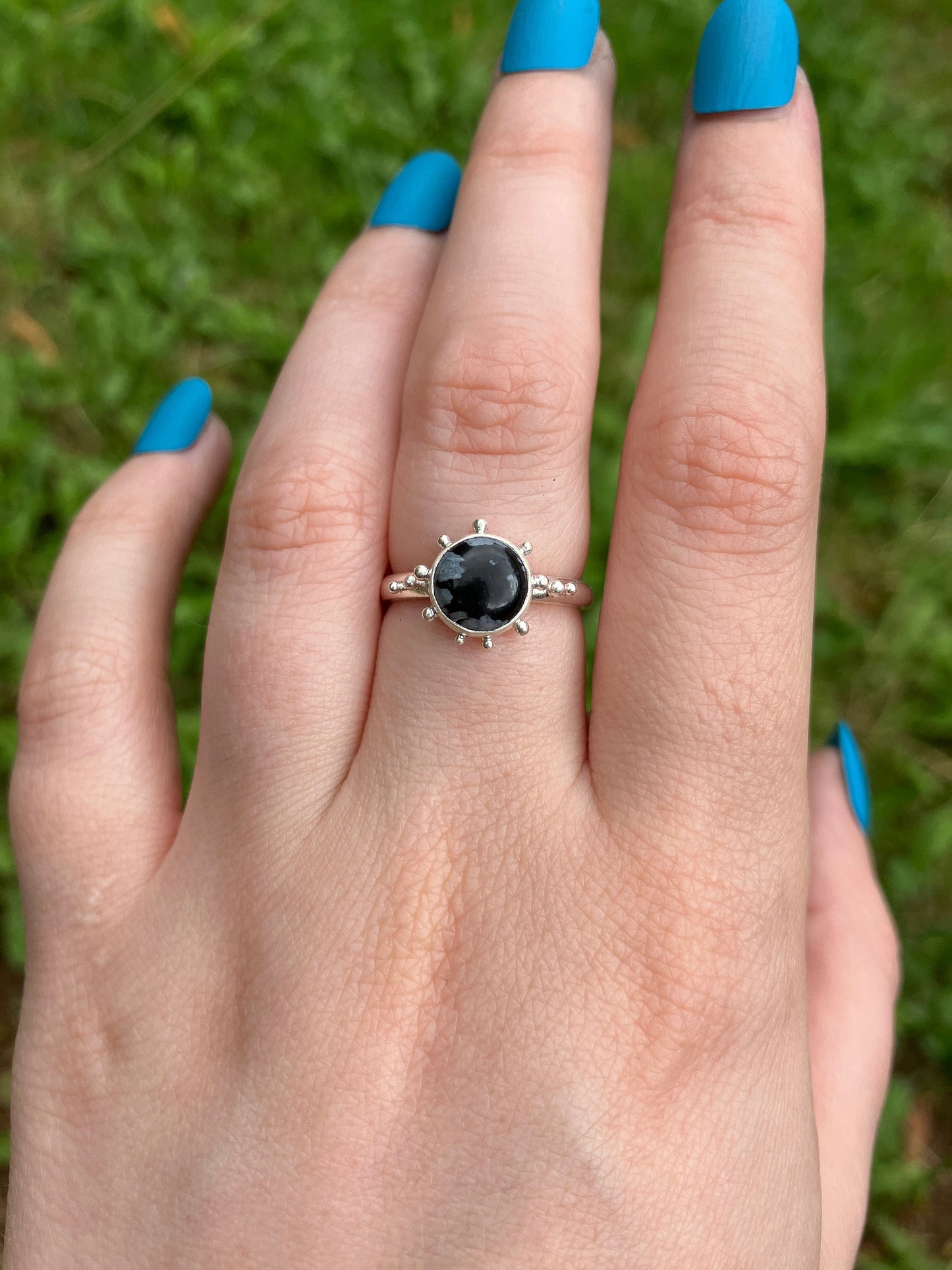 Snowflake Obsidian and Sterling Silver Granulation Ring - UK Size L