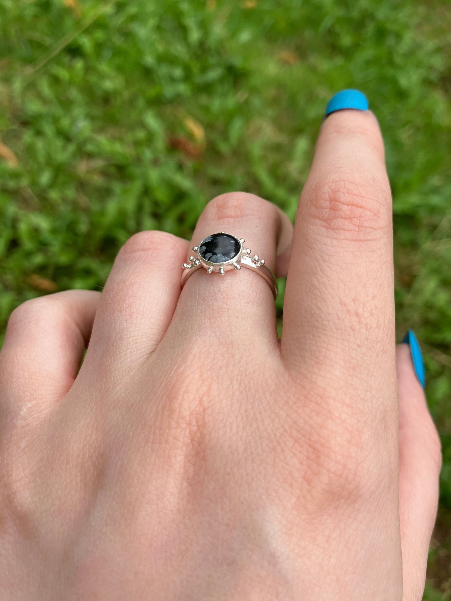 Snowflake Obsidian and Sterling Silver Granulation Ring - UK Size L