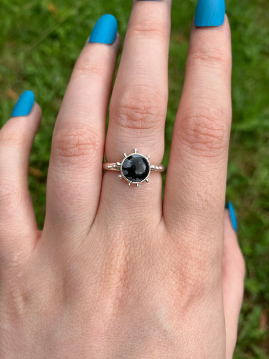 Snowflake Obsidian and Sterling Silver Granulation Ring - UK Size L