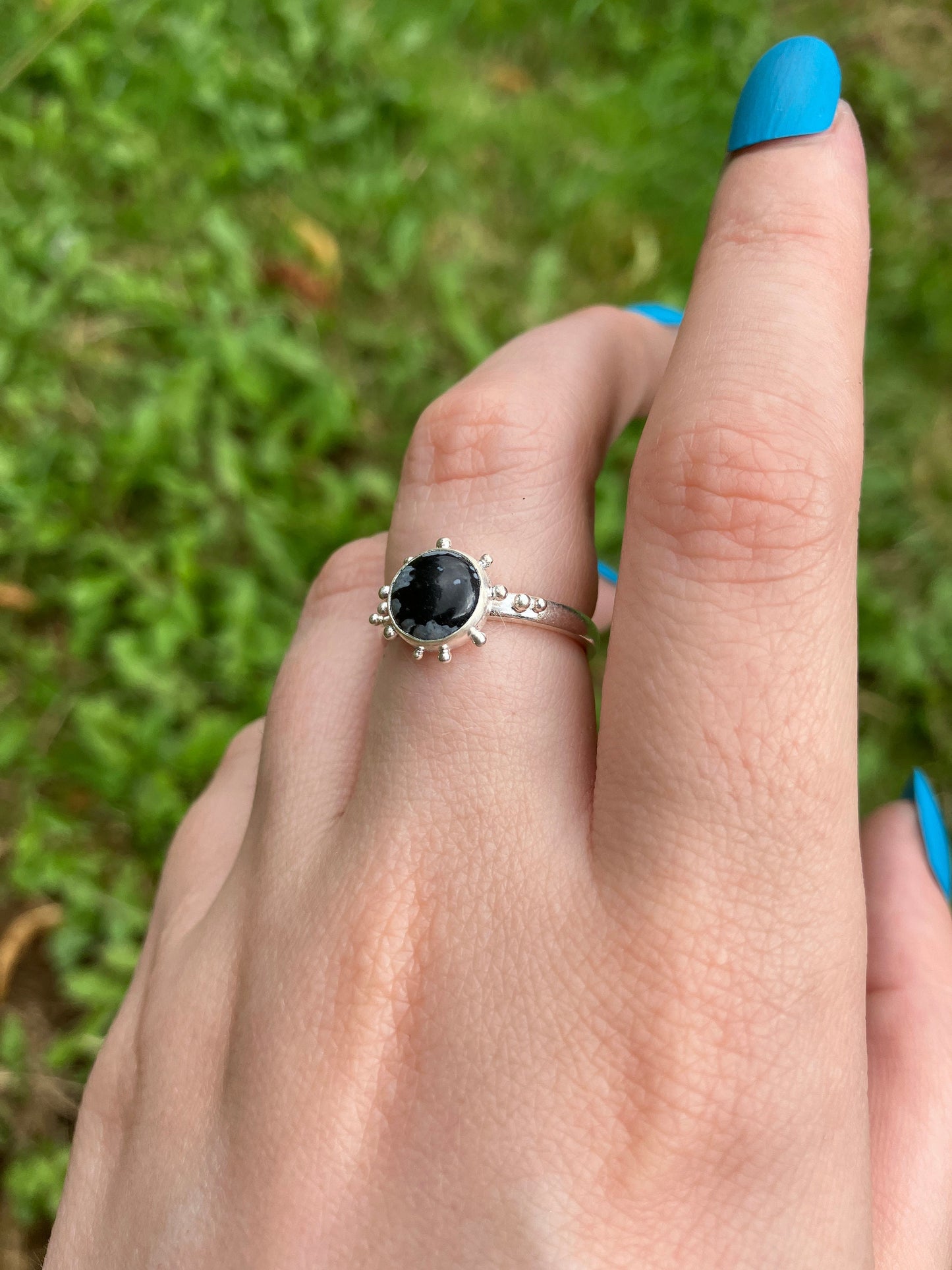 Snowflake Obsidian and Sterling Silver Granulation Ring - UK Size L