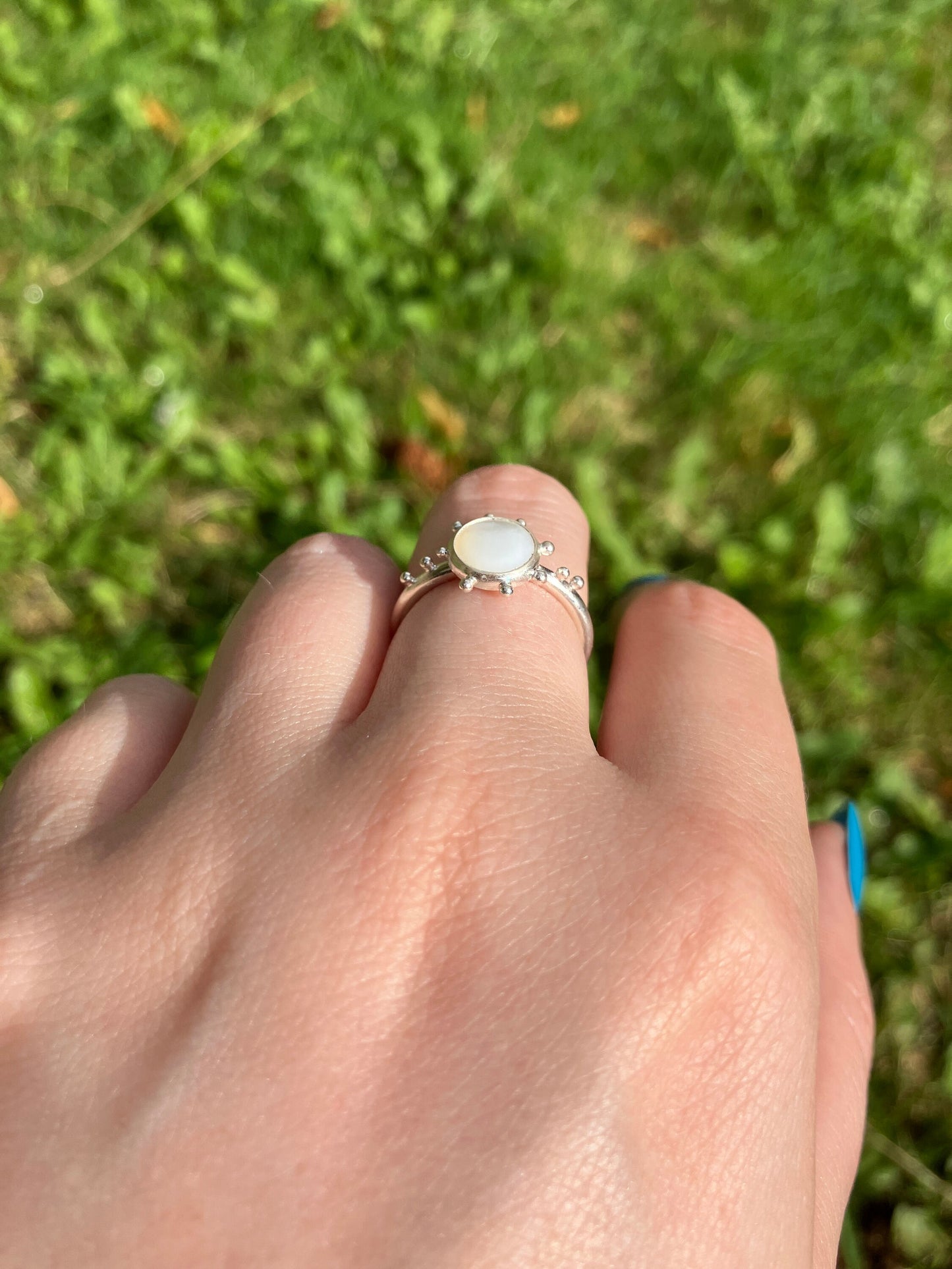 Mother of Pearl and Sterling Silver Granulation Ring - UK Size L