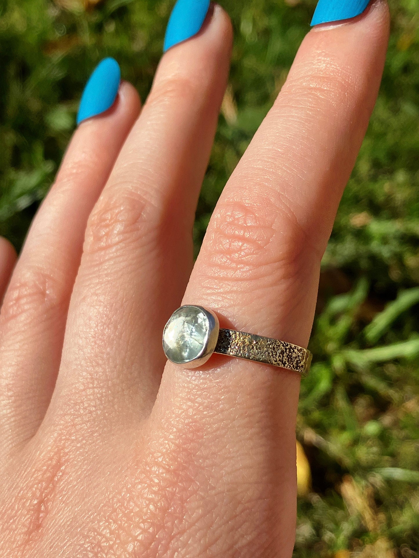 Aquamarine, Sterling Silver and 18ct Gold Textured Ring - UK Size P