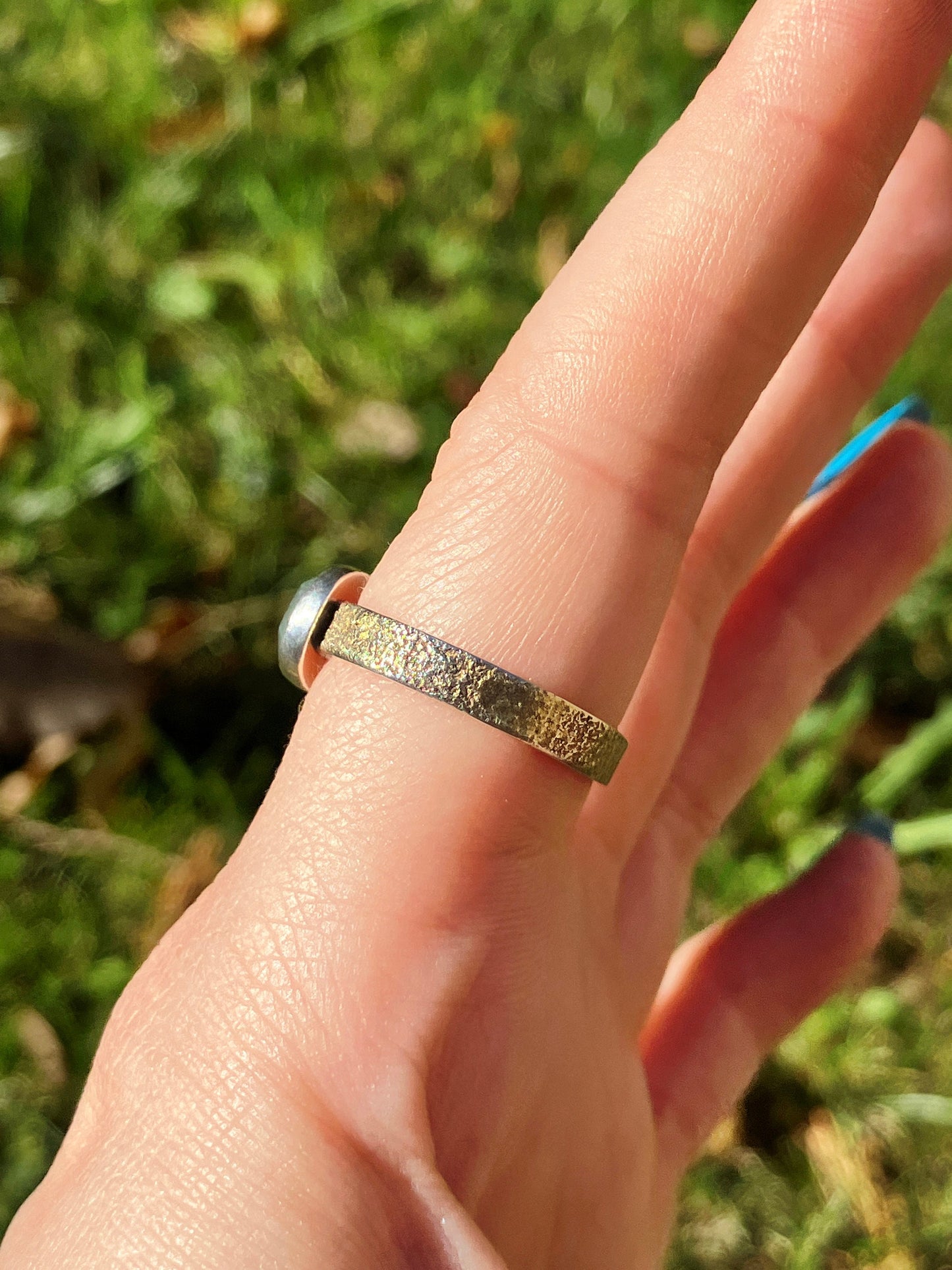 Aquamarine, Sterling Silver and 18ct Gold Textured Ring - UK Size P