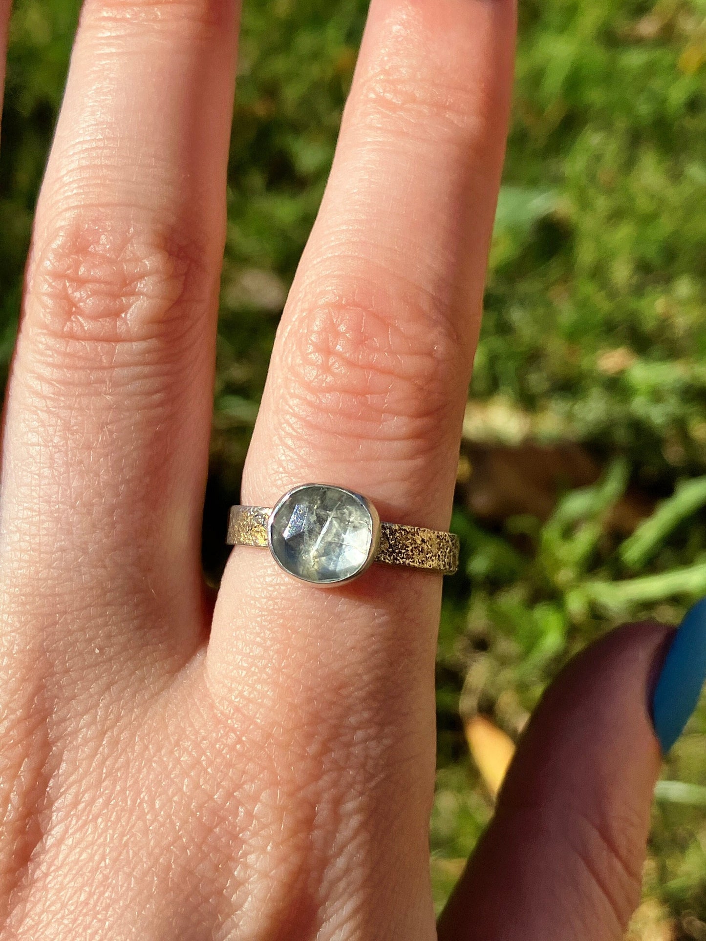 Aquamarine, Sterling Silver and 18ct Gold Textured Ring - UK Size P