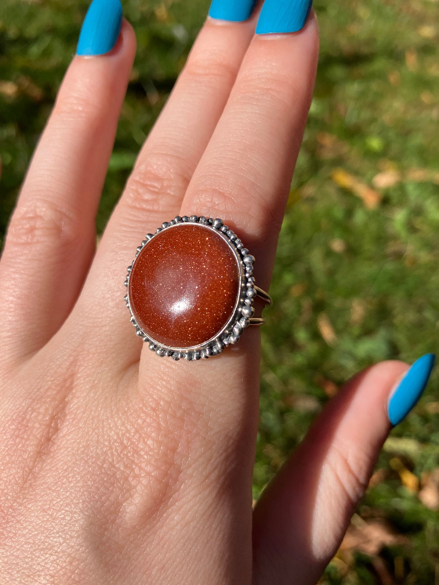 Goldstone and Sterling Silver Granulation Ring - UK Size N