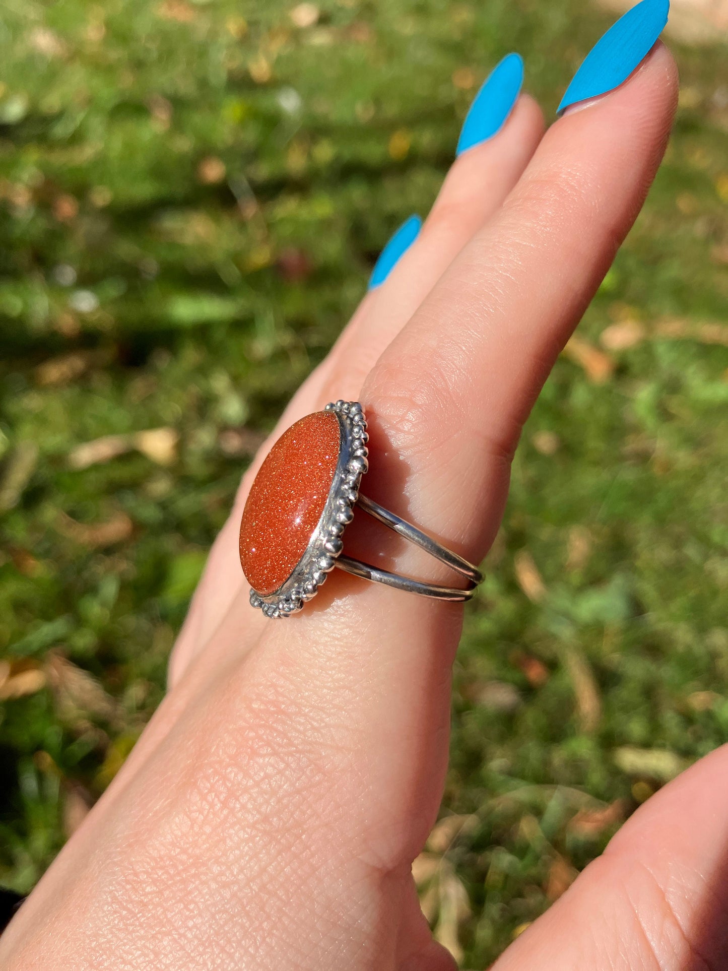 Goldstone and Sterling Silver Granulation Ring - UK Size N