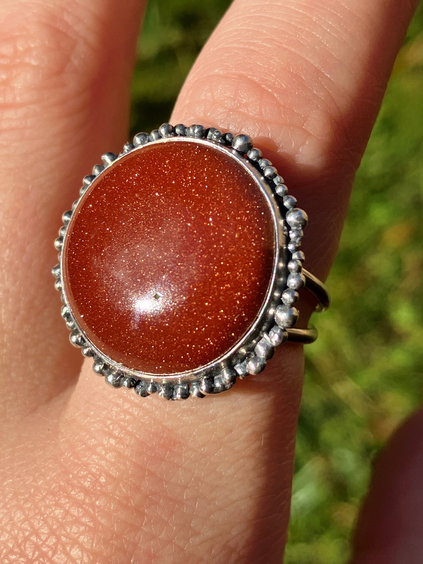 Goldstone and Sterling Silver Granulation Ring - UK Size N