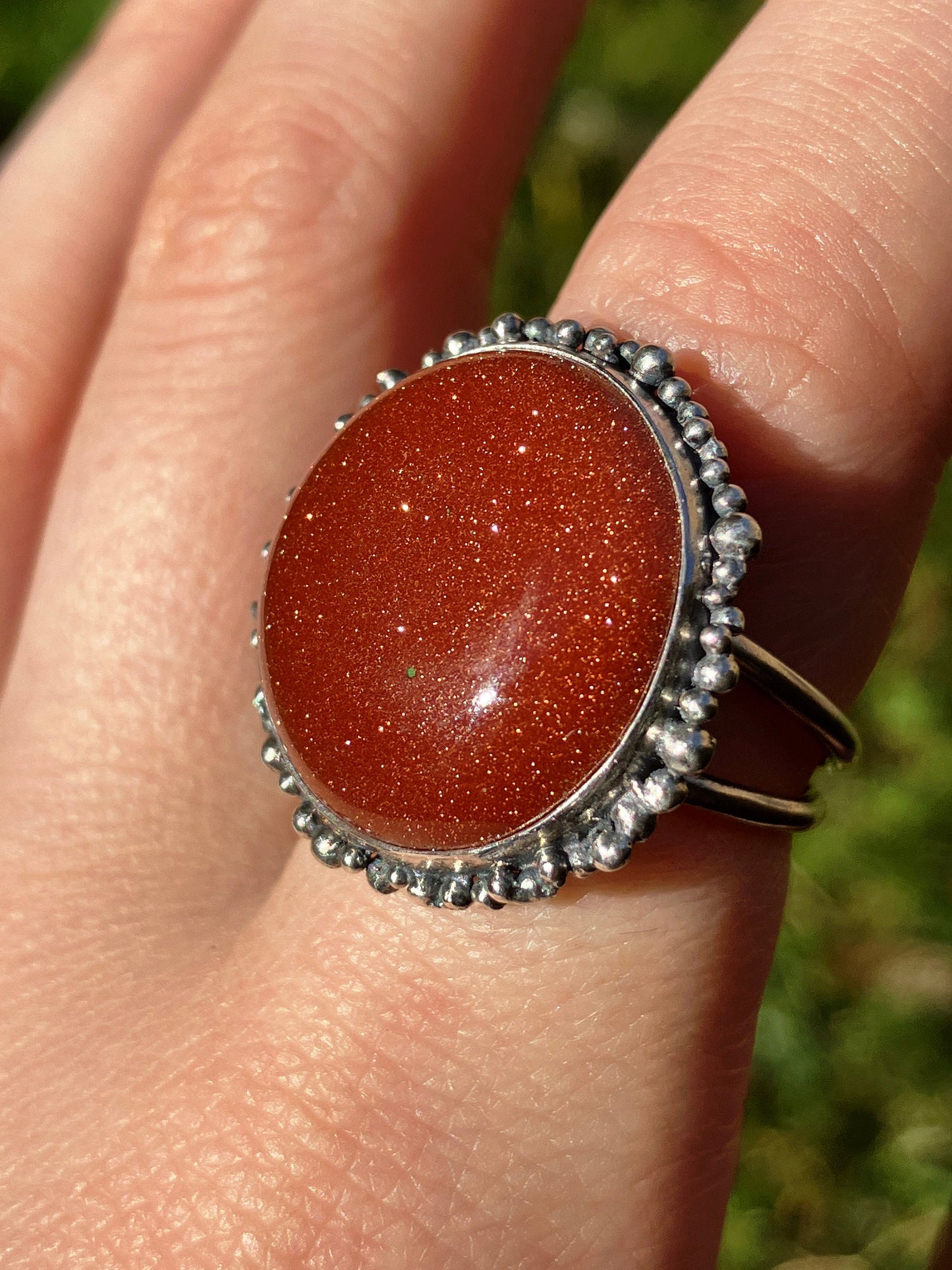 Goldstone and Sterling Silver Granulation Ring - UK Size N