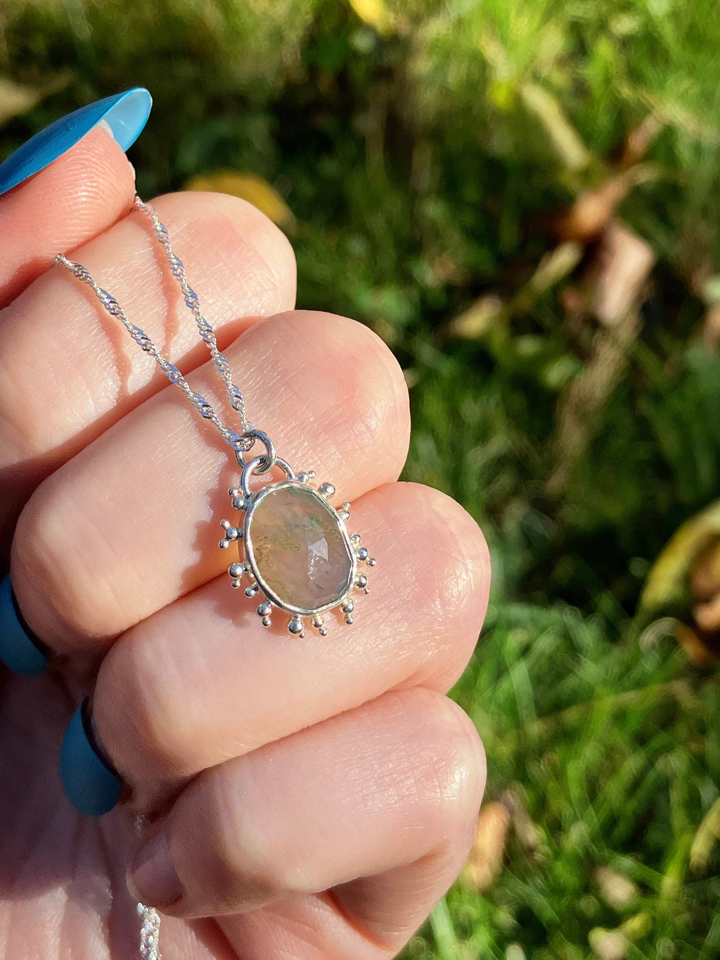 Moss Agate and Sterling Silver Pendant Necklace with Granulation Detail
