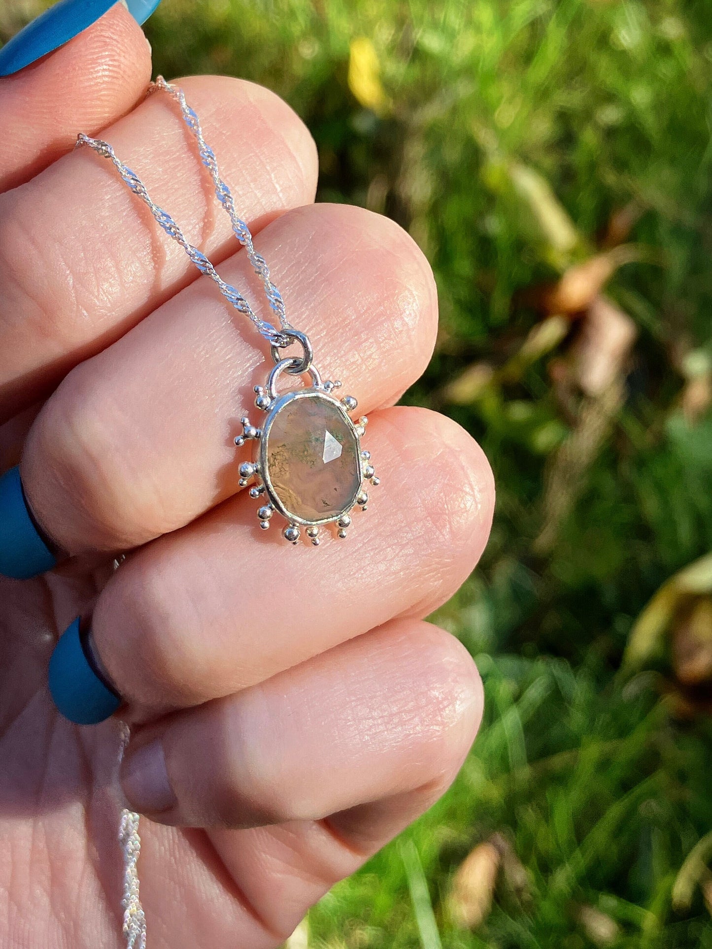 Moss Agate and Sterling Silver Pendant Necklace with Granulation Detail
