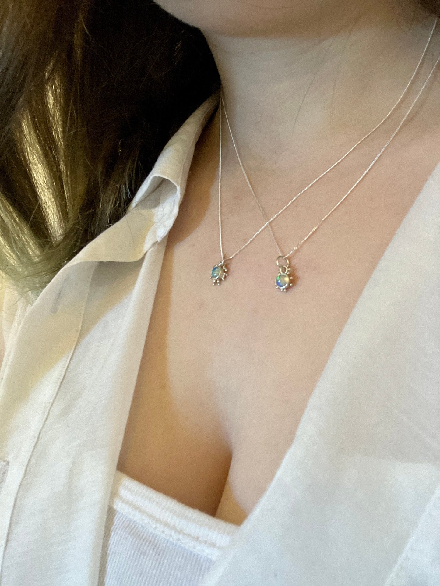 Opal and Sterling Silver Granulation Pendant Necklaces on Sterling Silver Chain