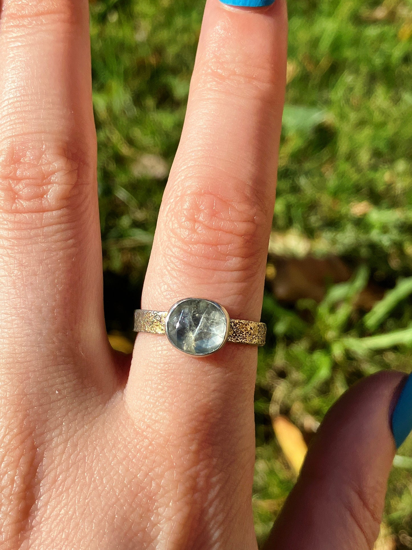 Aquamarine, Sterling Silver and 18ct Gold Textured Ring - UK Size P