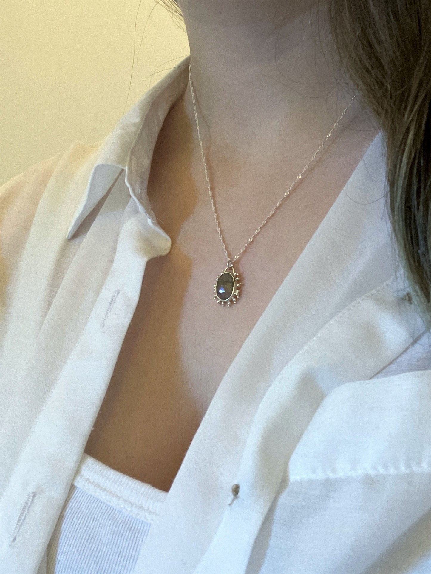 Moss Agate and Sterling Silver Pendant Necklace with Granulation Detail