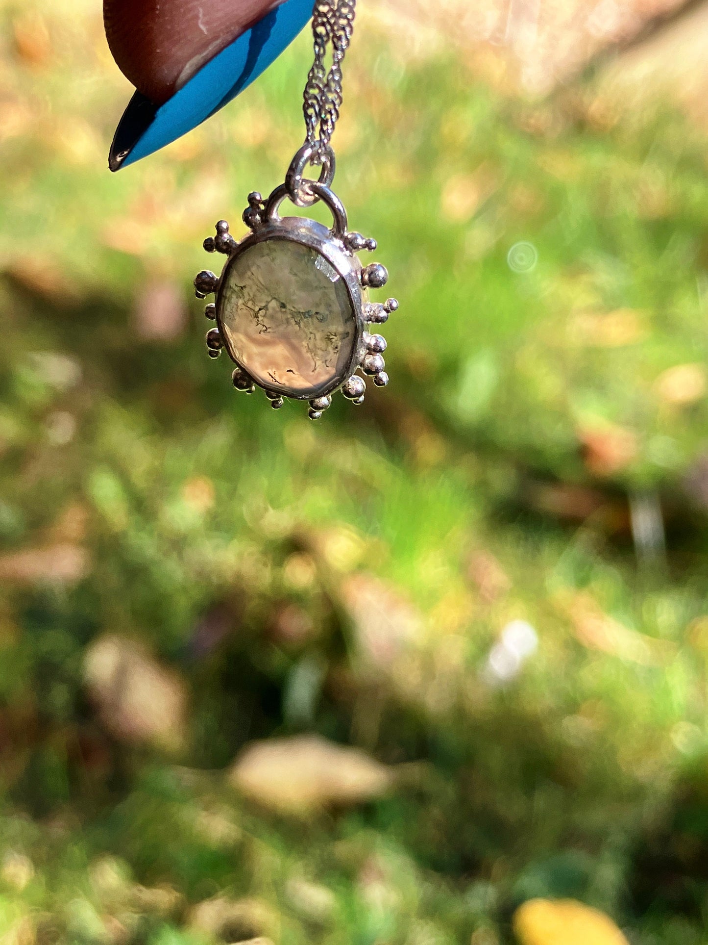 Moss Agate and Sterling Silver Pendant Necklace with Granulation Detail