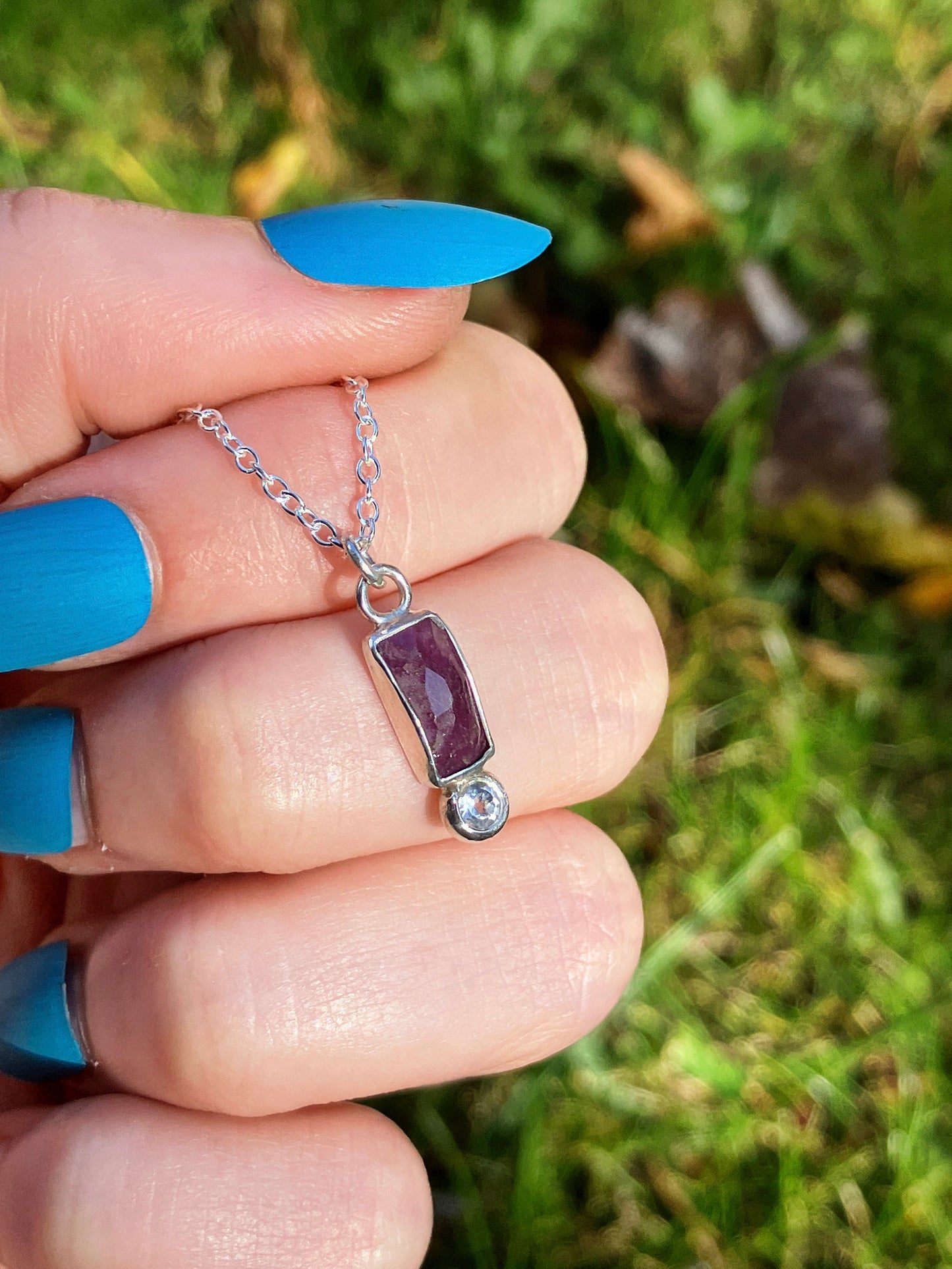 Pink Sapphire, White Sapphire and Sterling Silver Pendant Necklace on Chain